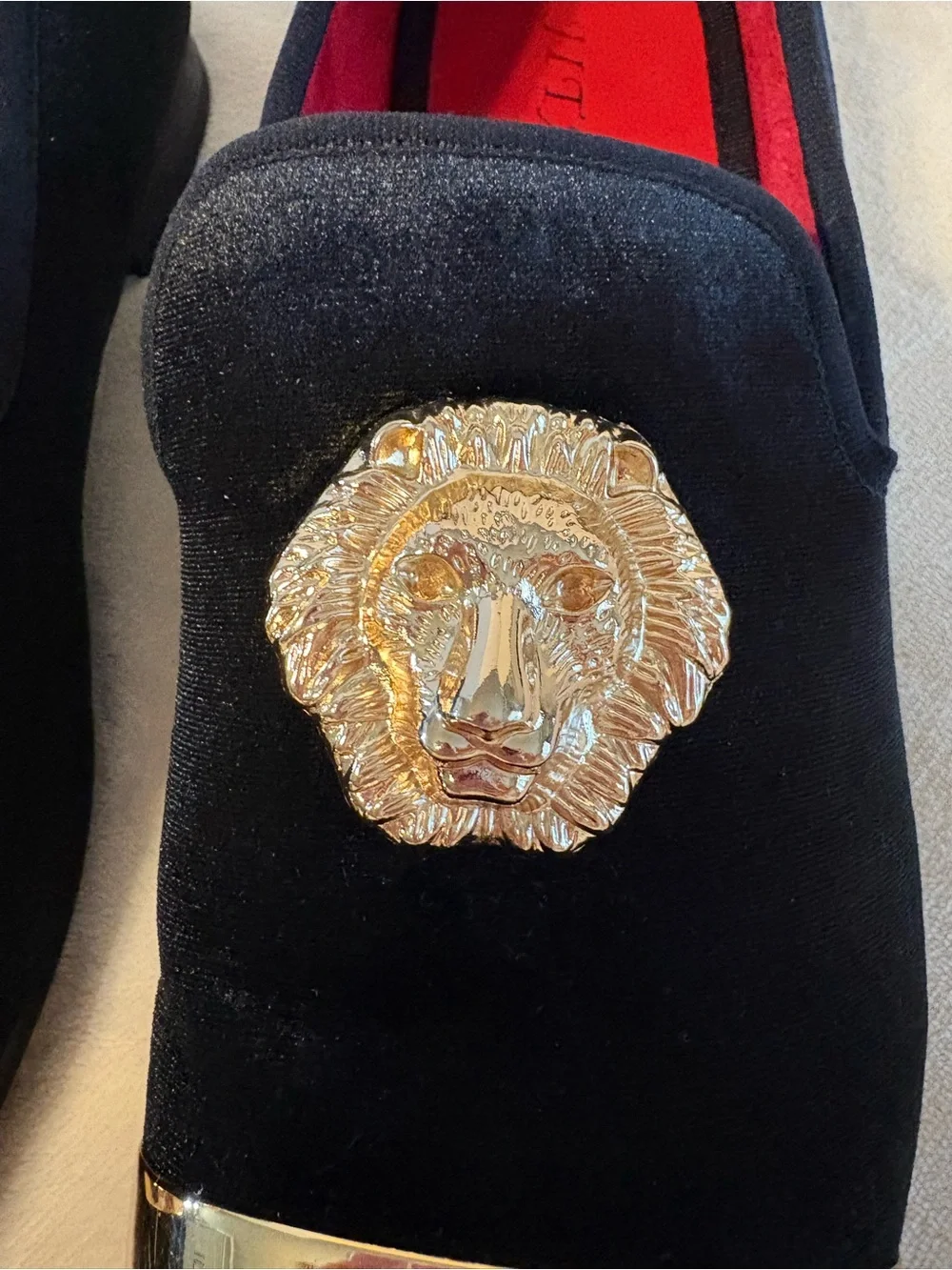 Tai Black Velvet Loafers with Gold Medallion and Gold Toe Accent